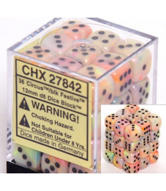 Chessex Dice d6 Sets: Festive Circus with Black - 12mm Six Sided Die (36) Block of Dice
