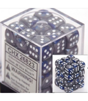 Chessex Dice d6 Sets: Gemini Blue and Steel with White - 12mm Six Sided Die (36) Block of Dice