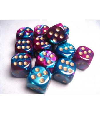 Chessex Dice d6 Sets: Gemini Purple and Teal with Gold - 16mm Six Sided Die (12) Block of Dice