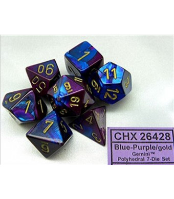 Chessex Manufacturing Cube Gemini Set Of 7 Dice - Blue and Purple With Gold Numbering CHX-26428