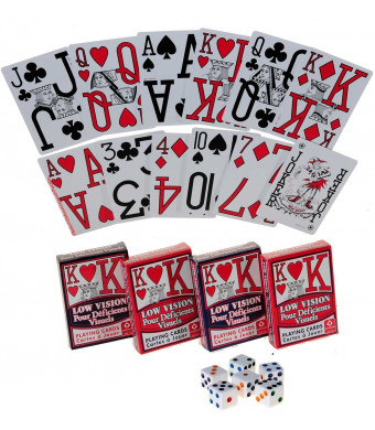 Deluxe Games and Puzzles Low Vision Playing Cards _ Bundle of 4 Decks _ Bonus six white dice with colored dots