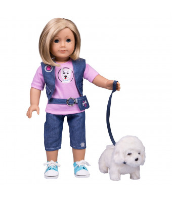 American Girl Inspired Doll Clothes By Dress Along Dolly - 8pc Pet Dog Walker Outfit (Includes T Shirt, Vest, Pant, Belt, Shoes, Dog, and Dog Leash and Dog Bone)
