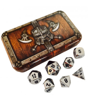 Skull Splitter Dice Silver Chrome Color- Solid Metal Polyhedral Role Playing Game (RPG) Dice Set (7 Die in Pack) 