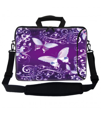 Meffort Inc 17 17.3 inch Neoprene Laptop Bag Sleeve with Extra Side Pocket, Soft Carrying Handle and Removable Shoulder Strap for 16" to 17.3" Size Notebook Computer - Purple Butterflies