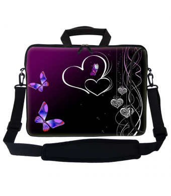 Meffort Inc 15 15.6 inch Neoprene Laptop Bag Sleeve with Extra Side Pocket, Soft Carrying Handle and Removable Shoulder Strap for 14" to 15.6" Size Notebook Computer - Purple Butterfly Heart