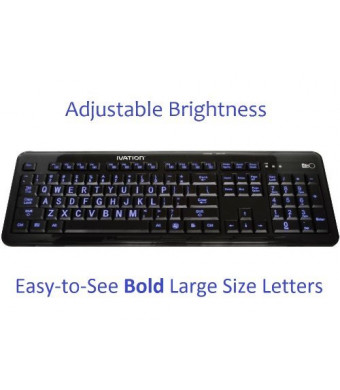 Ivation Letter Illuminated Large Print Full Size Multimedia Computer Keyboard - Gentle, Crisp and Clear Blue LED Lights Illuminate Each Key with Adjustable Brightness