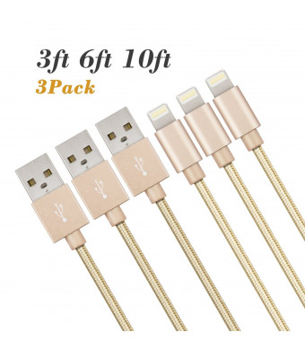 iPhone Charger, Kabel Leader 3Pcs 3ft/6ft/10ft Durable Nylon Braided Lightning Cord to USB Charging Cable for iPhone 7 7 Plus SE 6 6s 6 Plus 5 5s iPad 4 Mini Air iPod Nano 7 iPod Touch 5(Gold)