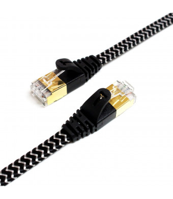 Tera Grand - CAT7 10 Gigabit Ethernet Ultra Flat Patch Cable for Modem Router LAN Network - Built with Gold Plated and Shielded RJ45 Connectors and Nylon Braided Jacket, 25 Feet Black and White