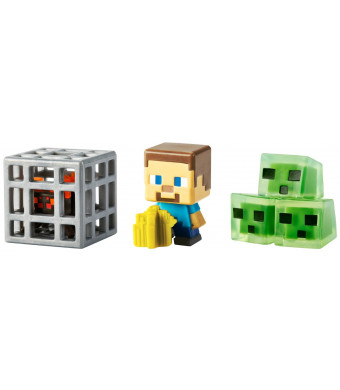 Mattel Minecraft Mini Figure 3-Pack, Farming Steve, Spawning Spider and Slime Cubes
