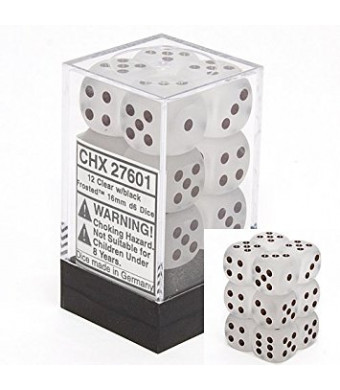 Chessex Dice d6 Sets: Frosted Clear with White - 16mm Six Sided Die (12) Block of Dice