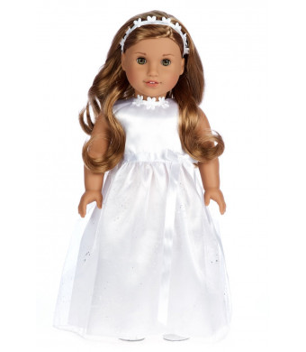 My First Communion - White Satin Communion / Wedding Dress with Matching Headband and White Leather Dress Shoes - 18 inch Doll Clothes (doll not included)
