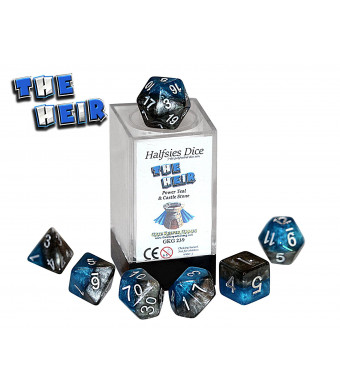 Gate Keeper Games "The Heir" Halfsies Dice - 7 die polyhedral rpg gaming dice set - Power Teal and Castle Stone