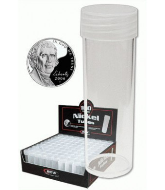 BCW COIN STORAGE TUBES, round clear plastic w/ screw on tops for NICKELS (Quantity of 10 tubes)