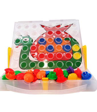 Peg Button Art Fun by Skoolzy, a Creative Children Activity Toy. Portable Color Matching Pegboard with 12 Reusable Templates and Stand - Fine Motor Skills Toddler Game for Boys and Girls.