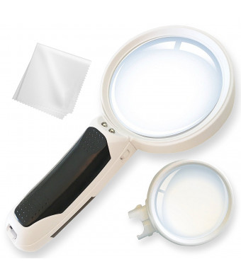 LED Magnifying Glass 10X + 5X Illuminated 2 Lens set. Best Magnifier Set With lights for Seniors, Maps, Macular Degeneration, Jewellery, Watch and Computer Repair, Hobbies and Stamps. Read Easily At Night