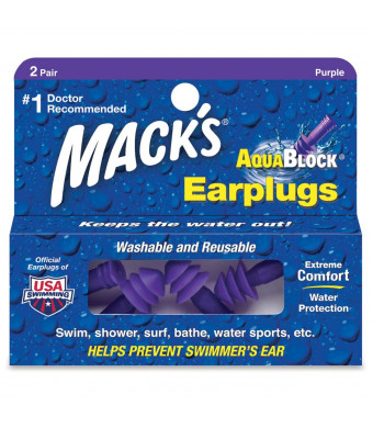 Mack's AquaBlock Earplugs, 2 Pair, Comfortable, Waterproof, Ear Plugs for Swimming, Snorkeling and Showering