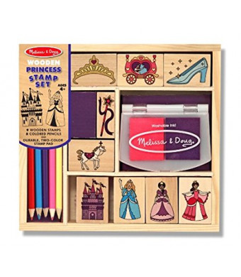 Melissa and Doug Wooden Princess Stamp Set: 9 Stamps, 5 Colored Pencils, and 2-Color Stamp Pad