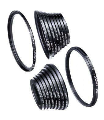 Filter Ring Adapter, KandF Concept 18pcs Camera Lens Filter Metal Stepping Rings kit (Includes 9pcs Step Up Ring Set + 9pcs Step Down Ring Set) Black