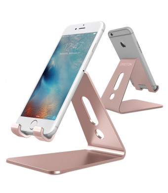 [Updated Solid Version] OMOTON Desktop Cell Phone Stand Tablet Stand, Advanced 4mm Thickness Aluminum Stand Holder for Mobile Phone (All Size) and Tablet (Up to 10.1 inch), Rose Gold