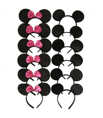 CHuangQi Mouse Ears Solid Black and RoseRed Bow Headband for Boys and Girls Birthday Party or Celebrations (Pack of 12)
