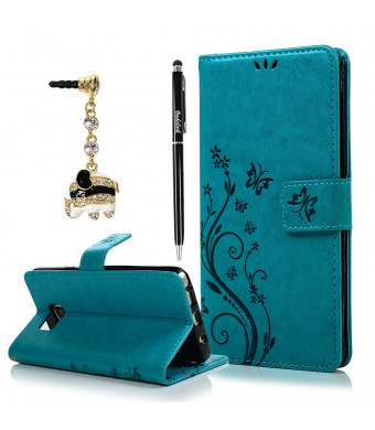 Note 5 Case, Samsung Galaxy Note 5 Case - Badalink Fashion Wallet Purse PU Leather Embossed Flowers Butterfly [Card Holders] Flip Cover with Hand Strap and 3D Cute Elephant Dust Plug and Stylus Pen - Blue
