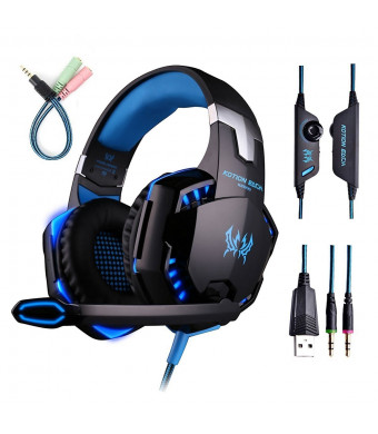 Gaming Headset with Mic for PC,PS4,Xbox One,Over-ear Headphones with Volume Control LED Light Cool Style Stereo,Noise Reduction for Laptops,Smartphone,Computer (Black and Blue)