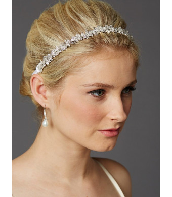 Mariell Crystal Cluster Bridal Wedding Headband Hair Vine with White Satin Ribbon