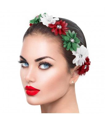 Lux Accessories Xmas Holiday Christmas Headband - White Green Red Floral Crown