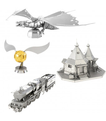 Fascinations Metal Earth 3D Metal Model Kits - Harry Potter Set of 4 - Hogwarts Express Train, Hagrid's Hut, Golden Snitch, Gringotts Dragon