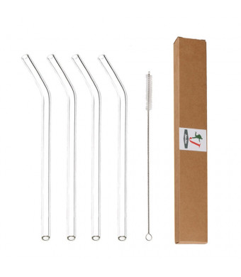 Glass Straws Clear Bent 9"  x 9.5 mm Drinking Straws Reusable Straws Healthy, Reusable, Eco Friendly, BPA Free, 4 Pack With Cleaning Brush