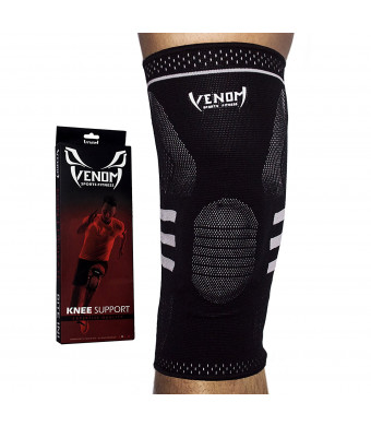 Venom Knee Sleeve Gel Padded Support w/ Side Stabilizers - Elastic Compression for Runners and Jumpers Knee, Arthritis Pain, ACL, Basketball, Soccer, CrossFit, Lifting, Running, Sports, Men, Women