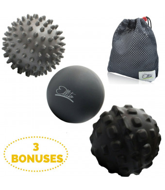 Therapeutic Massage Ball Set: Eliminate Pain! Rubber, Spikes and Foam Roller Massager Balls. Myofascial Release, Trigger Point and Plantar Fasciitis Therapy. Releases Muscle Aches: Thigh, Back, Knee, etc