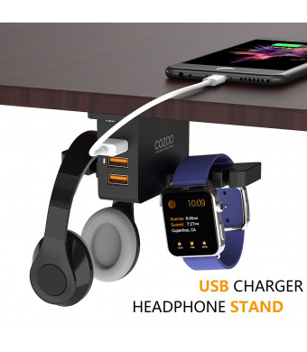 Headphone Stand with USB Charger COZOO Under Desk Headset Holder Mount with 3 port USB Charging Station and Apple Watch Stand Smart Watch Charging Dock Dual Earphone Hanger Hook for All Headphones