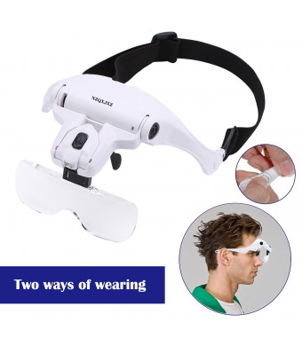 Headband Magnifier Glasses LED Magnifying Loupe Head Mount Magnifier Hands—Free Bracket And Headband Are Interchangeable 5 Replaceable Lenses1.0X,1.5X,2.0X,2.5X,3.5X (Upgraded Version)