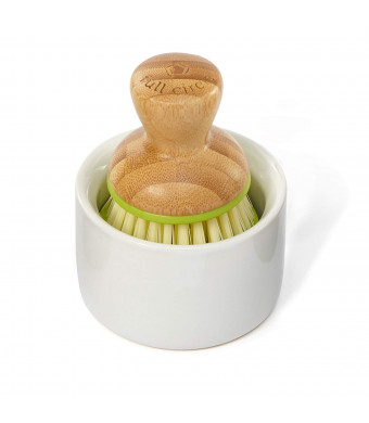 Full Circle Bubble Up Ceramic Soap Dispenser and Dish Brush w Bamboo Handle, Green/White