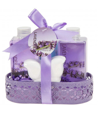 Bath and Body Bathroom Gift Set Basket for Women by Freida and Joe in Aromatherapy Essential Lavender Fragrance, Includes a Body Lotion, Bubble Bath, Shower Gel, and a Bath Bomb