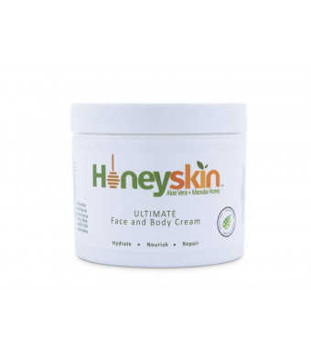 Honeyskin Organics Aloe Vera + Manuka Honey Face and Body Cream for Rosacea, Eczema, Psoriasis, Rashes, Itchiness, Redness with raw Superfoods, 4 oz.