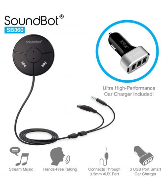 SoundBot SB360 Bluetooth 4.0 Car Kit Hands-Free Wireless Talking and Music Streaming Dongle w/ 10W Dual Port 2.1A USB Charger + Magnetic Mounts + Built-in 3.5mm Aux Cable
