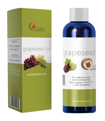Pure Grapeseed Oil for Hair, Face and Acne - Cold Pressed and 100% Pure for Highest Efficacy - Great Massage Oil Base - Use to Prevent Aging and Wrinkles - 4 Oz - USA Made By Maple Holistics