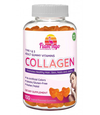 Flamingo Supplements - Hydrolyzed Collagen Gummies Type I and III | Kosher and Halal, No Gelatin, NON GMO | Strengthen Hair, Skin, Nails and Joint Care | Orange Flavor | 100 Count