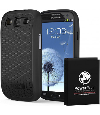 PowerBear Samsung Galaxy S3 Extended Battery [4500mAh] and Back Cover and Protective Case (Up to 2.2X Extra Battery Power) - Black [24 Month Warranty and Screen Protector Included]