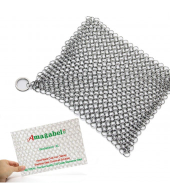Amagabeli 8"x6" Stainless Steel Cast Iron Cleaner 316L Chainmail Scrubber for Cast Iron Pan Pre-Seasoned Pan Dutch Ovens Waffle Iron Pans Scraper Cast Iron Grill Scraper Skillet Scraper