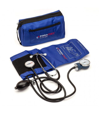 Manual Blood Pressure Cuff By Paramed  Professional Aneroid Sphygmomanometer With Carrying Case  Adult Sized Cuff  BP Monitor Set With Stethoscope (Dark Blue)