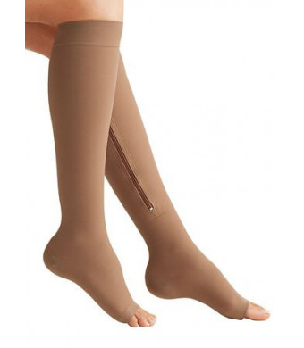 Zipper Medical Compression Socks With Open Toe - Best Support Zipper Stocking for Varicose Veins, Edema, Swollen or Sore Legs, (XL, Beige)