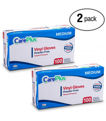 Care Plus Disposable Vinyl Gloves, Powder Free, Clear, Latex Free, Allergy Free, Medium, 100 Gloves In A Box Pack of 2