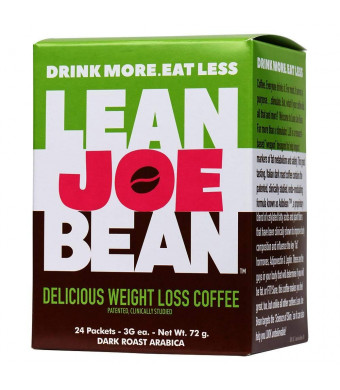 Lean Joe Bean - Drink More, Eat Less, Delicious Dark Roast Arabica Weight Loss Instant Coffee, 1 Box of 24 Packets
