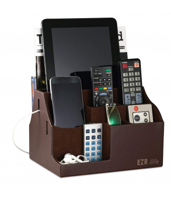 EZR life All-in-One Remote Control Holder, Caddy, Organizer - Brown Leather - also holds Phones, Tablets, Books, E-books, Glasses