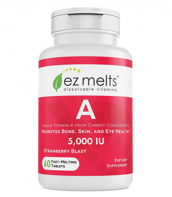 EZ Melts A as Retinol from Carrot Concentrate, 5,000 IU, Sublingual Vitamins, Vegan, Zero Sugar, Natural Strawberry Flavor, 60 Fast Dissolve Tablets