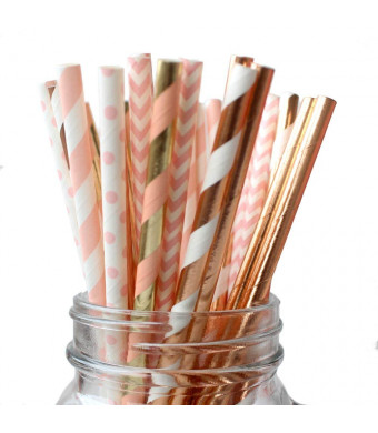 IPALMAY 150 Pieces Rose Gold and Pink Biodegradable Drinking Paper Straws, Striped Polka Dot Chevron, 7.75 Inches