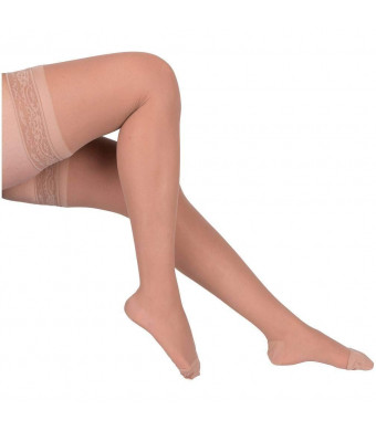 EvoNation Women's USA Made Thigh High Graduated Compression Stockings 20-30 mmHg Firm Pressure Ladies Sheer Socks Lace Top Quality Support Hose - Best Comfort Circulation (Medium, Tan Beige Nude)
